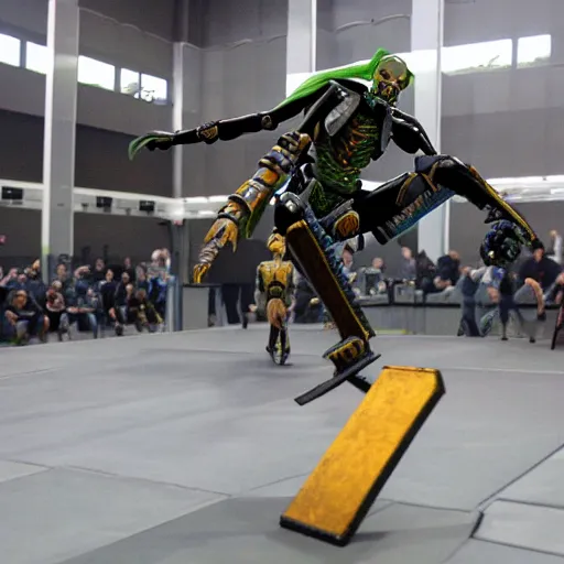 Image similar to necron doing a kickflip while humans look on in amazement and awe