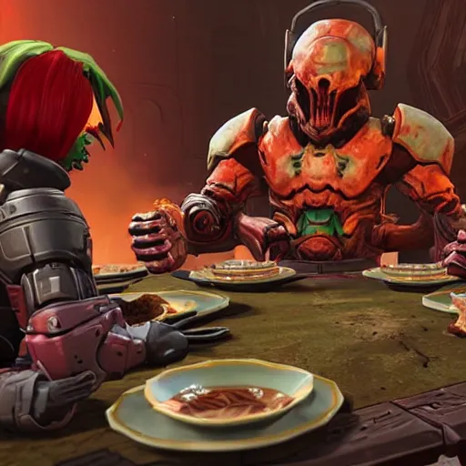 Image similar to doom slayer having a tea party with an arch - vile