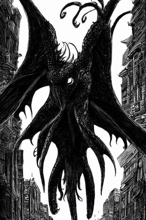 Image similar to portrait black raven bird cthulhu by yusuke murata and masakazu katsura, artstation, highly - detailed, cgsociety, artstation, pencil and ink, fighting pose, city in the background, dark colors, detailed face