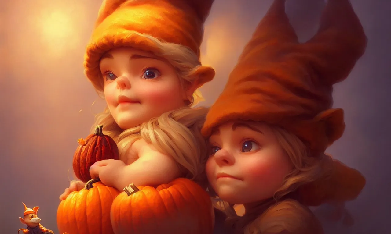 Image similar to hand drawn cute one gnomes face in autumn and pumpkin, detailed closeup face, concept art, low angle, high detail, warm lighting, volumetric, godrays, vivid, beautiful, trending on artstation, art by artgerm and greg rutkowski and alphonse mucha