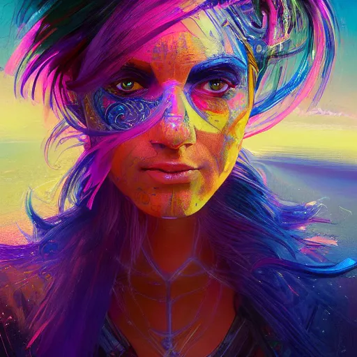 Image similar to colorful character portrait a woman in the desert at night, among the stars, set in the future 2 1 5 0, highly detailed face, very intricate, symmetrical, cinematic lighting, award - winning, painted by mandy jurgens, pan futurism, dystopian, bold colors, cyberpunk, groovy vibe, anime aesthetic, featured on artstation