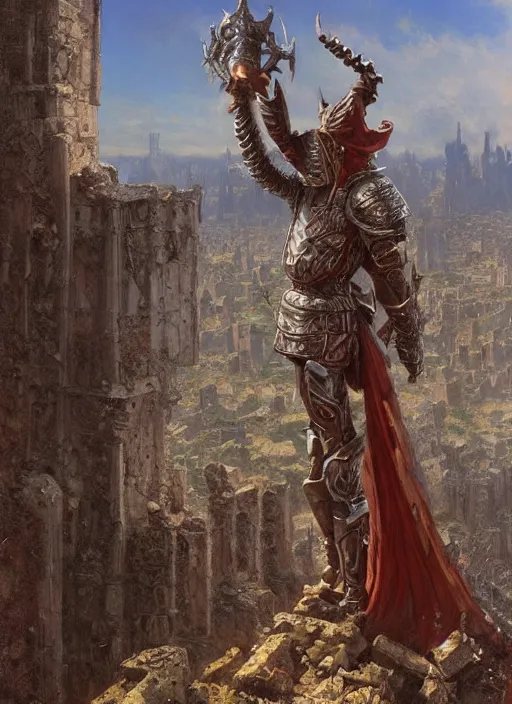 Prompt: The Eldritch Knight standing atop the ruins of a kingdom, full body fantasy art by Donato Giancola, Craig Mullins, digital art, trending on artstation