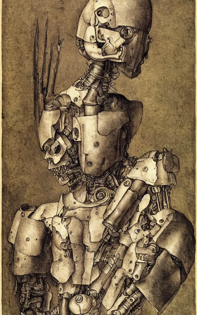 Image similar to a cyborg, muted colors, by albrecht durer