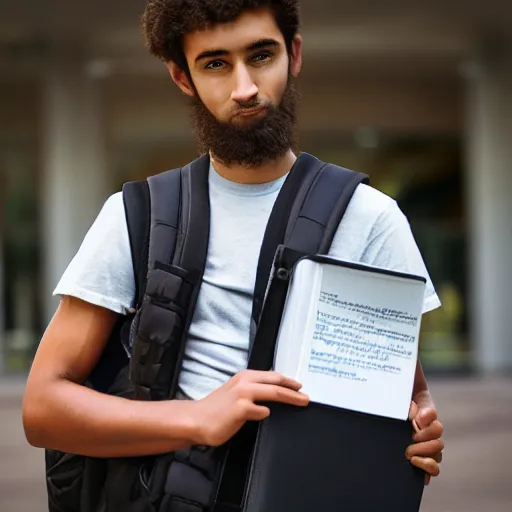 Prompt: portrait hyperrealism art realism student holding his notebooks with his backpack on