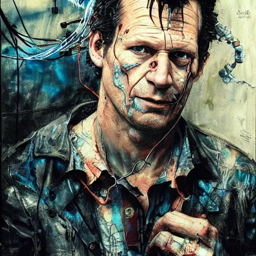 Prompt: thomas jane as a cyberpunk noir detective, skulls, wires cybernetic implants, machine noir grimcore, in the style of adrian ghenie esao andrews jenny saville surrealism dark art by james jean takato yamamoto and by ashley wood