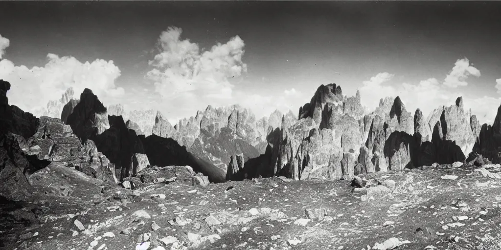 Image similar to 1920s photography of the god of the dolomites, dark, eerie