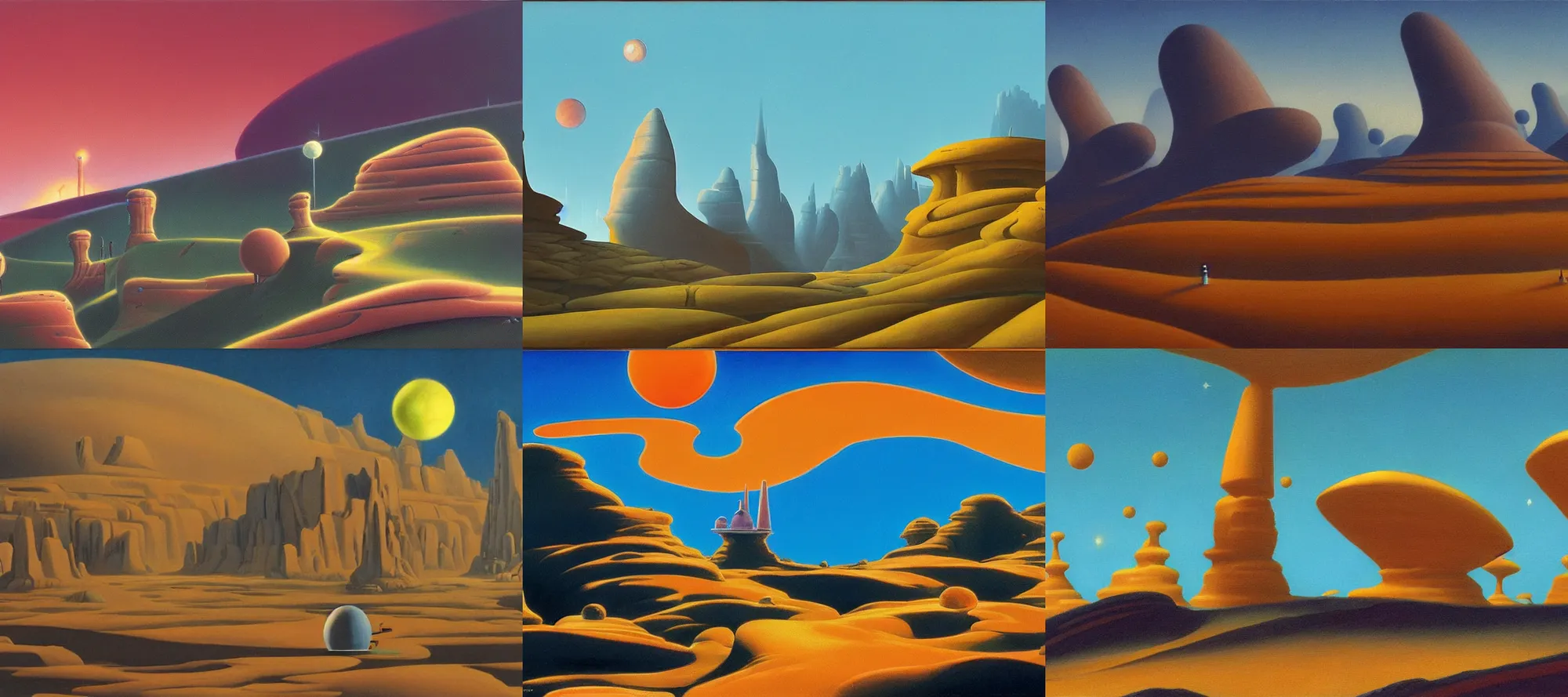 Prompt: Cato Neimodia landscape in the style of Dr. Seuss, starships, painting by Ralph McQuarrie