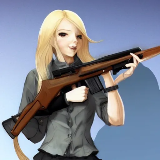 Image similar to ak-47 with a full head of human blonde hair, cute, adorable, waifu