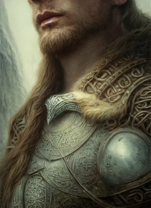 Image similar to closeup portrait shot of a norse god in a scenic dystopian environment, nord, viking, intricate, elegant, highly detailed, centered, digital painting, artstation, concept art, smooth, sharp focus, illustration, artgerm, tomasz alen kopera, peter mohrbacher, donato giancola, joseph christian leyendecker, wlop, boris vallejo