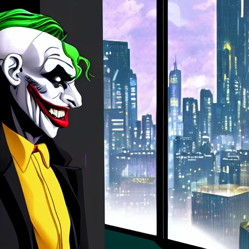 Image similar to portrait of the joker looking out at gotham city from wayne tower, 4 k, anime style, realistic, sharp focus, elegant