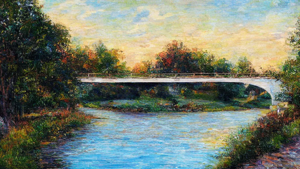 Prompt: a bridge over a river pointille artwork