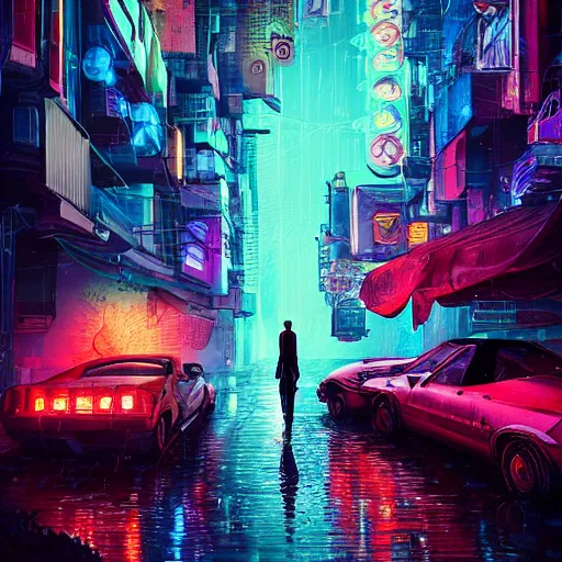 Prompt: many mechanical jellyfishes floating in the street at night after the rain, a mountain in the distance, surreal, cyberpunk, psychedelic, highly detailed, digital art, blade runner 2 0 4 9, 8 k