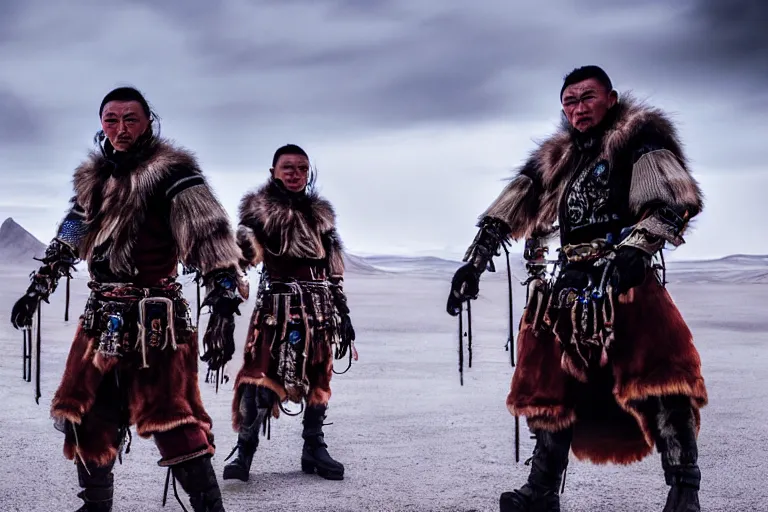 Image similar to vfx film closeup, futuristic mongolian biker warriors, sci - fi mongolian village, robot stand - off, flat color profile low - key lighting award winning photography arri alexa cinematography, hyper real photorealistic cinematic, atmospheric cool colorgrade