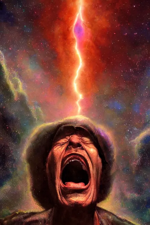 Image similar to an old man screams and a tornado comes out of his mouth by artgem and les edwards, highly detailed, high contrast, light reflection, trippy, nebula, trending on artstation