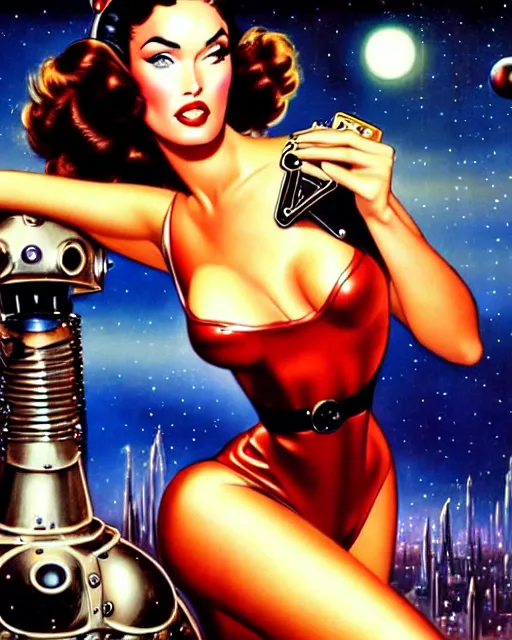 Image similar to closeup beautiful retro space megan fox posing with a chrome robot in dieselpunk city at night, pinup, windblown dark hair, seductive, hyper detailed, digital art, smooth, sharp focus, luis royo, gil elvgren, alberto vargas, 1 9 5 0, when mars attacks