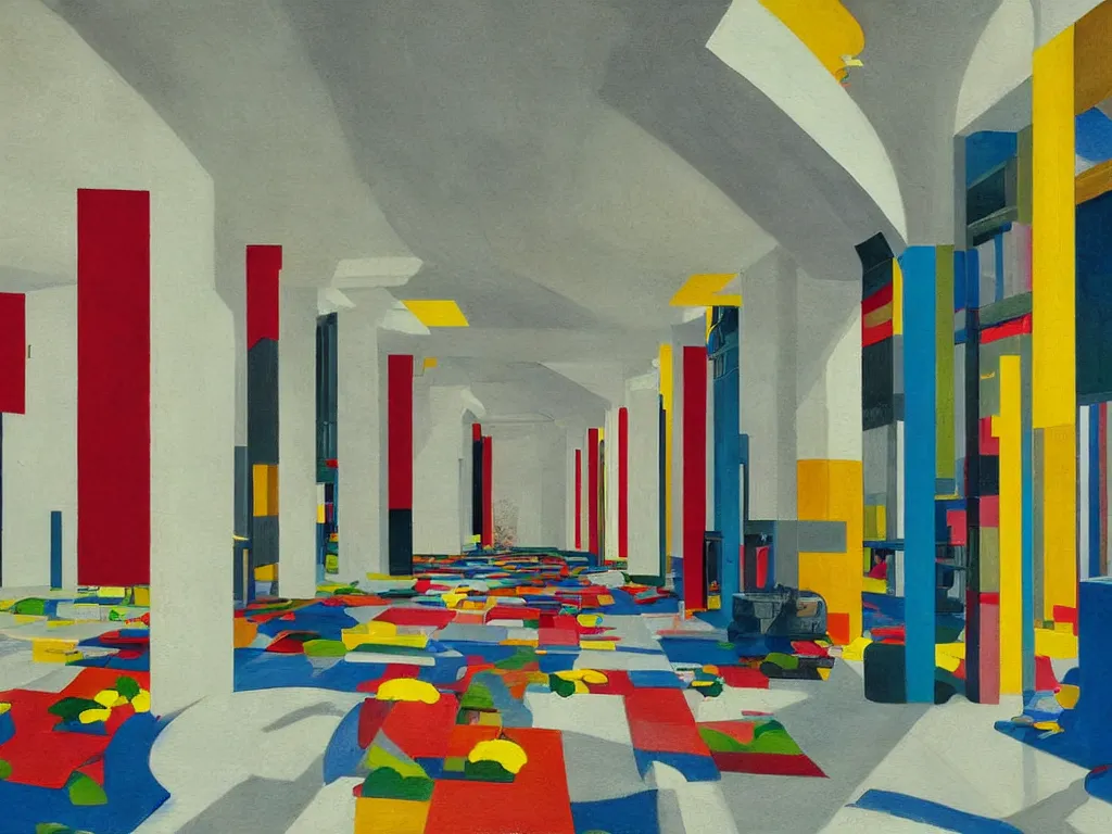 Prompt: colorful minimalist industrial interior hallway with monolithic pillars in the style of ridley scott and stanley kubrick, impossible stijl architecture, bed of flowers on floor, ultra view angle view, realistic detailed painting by edward hopper