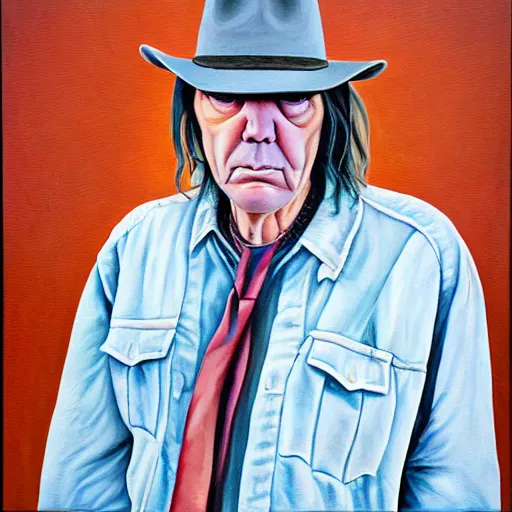 Image similar to a portrait of neil young painted by jeffrey smart