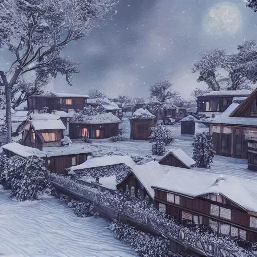 Image similar to a snowy village on the moon, 8 k, highly detailed, unreal engine render