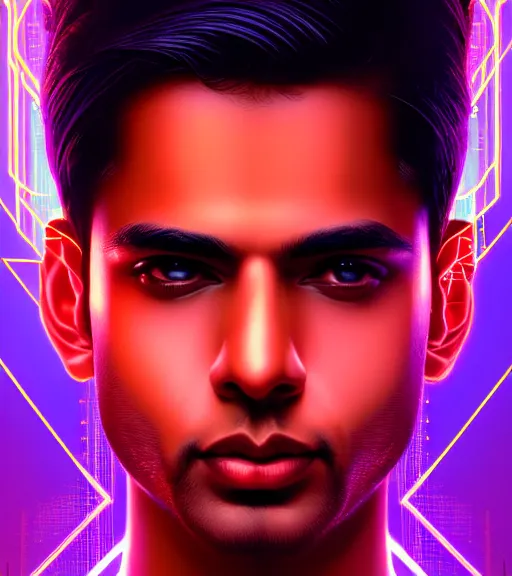 Image similar to symmetry!! indian prince of technology, solid cube of light, hard edges, product render retro - futuristic poster scifi, lasers and neon circuits, brown skin handsome indian prince, intricate, elegant, highly detailed, digital painting, artstation, concept art, smooth, sharp focus, illustration, dreamlike, art by artgerm