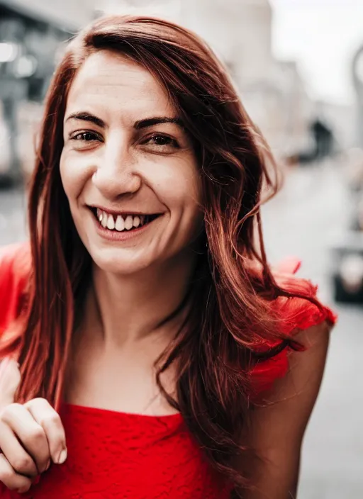 Image similar to color portrait of a beautiful 35-year-old smiling Italian woman, wearing a red outfit, candid street portrait in the style of Mario Testino close up, detailed, award winning, Sony a7R