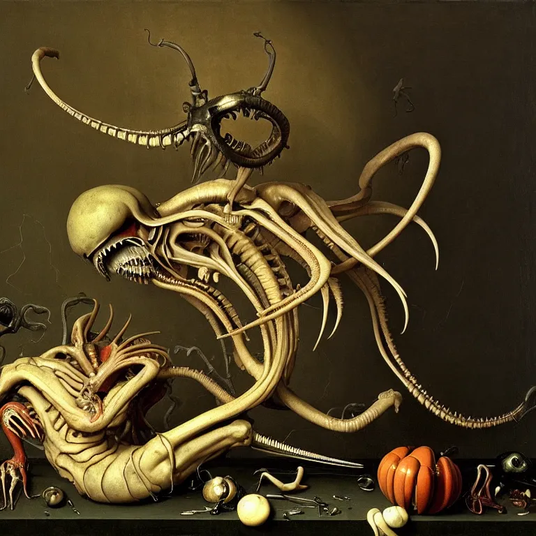 Image similar to still life of xenomorph by hieronymus bosch, wide shot, soft glow bloom lucid dream - like ethereal atmosphere, baroque portrait painting, perfect composition, beautiful intricate detailed octane render trending on artstation, 8 k artistic photography, volumetric cinematic perfect light, chiaroscuro, masterpiece, raphael, caravaggio, rutkowski, beeple, beksinski