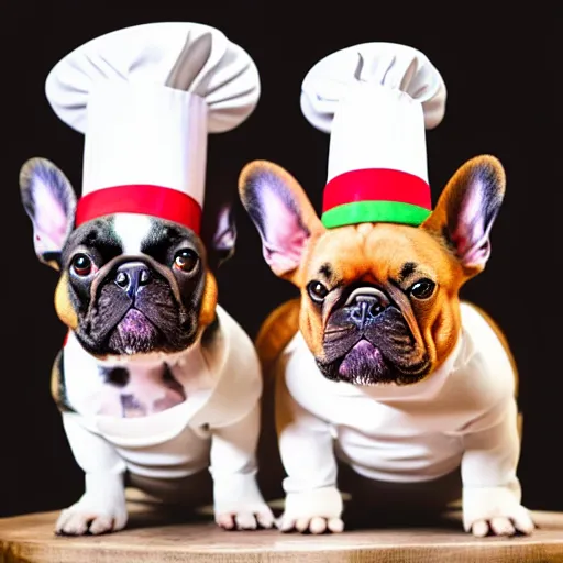 Prompt: a 8k highly detailed still photo by Anne Geddes of Two multi-colored French Bulldogs in chef hats and aprons starring on a cooking show