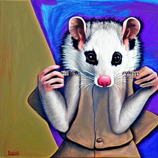 Prompt: an opossum holds up the finger painting it did, hd digital photography