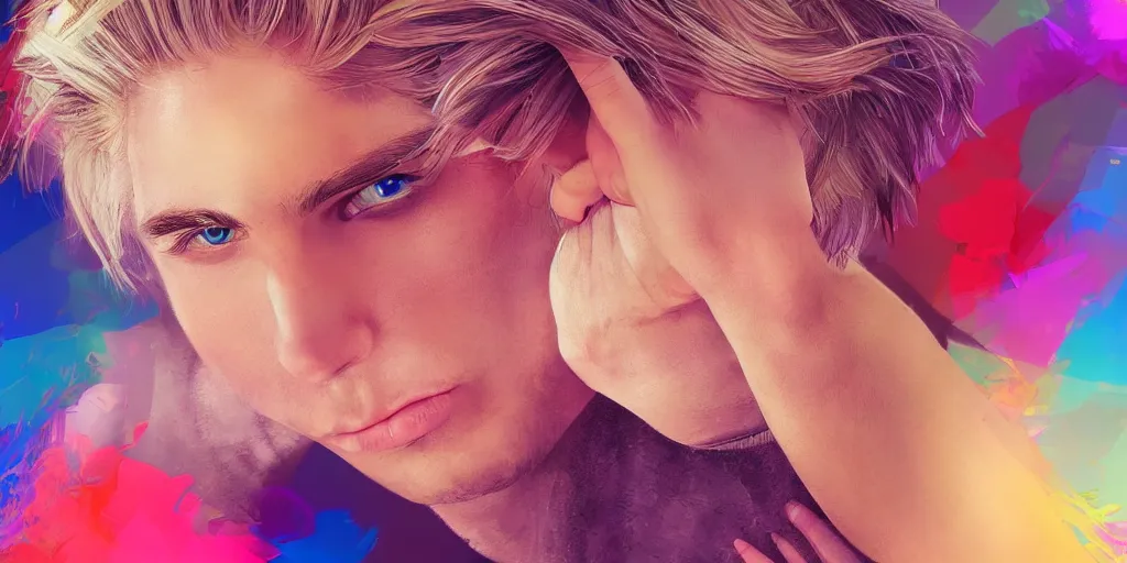 Image similar to extremely beautiful blonde young man with hyperealistic glossy eyes, digital art, colourful background seductive.