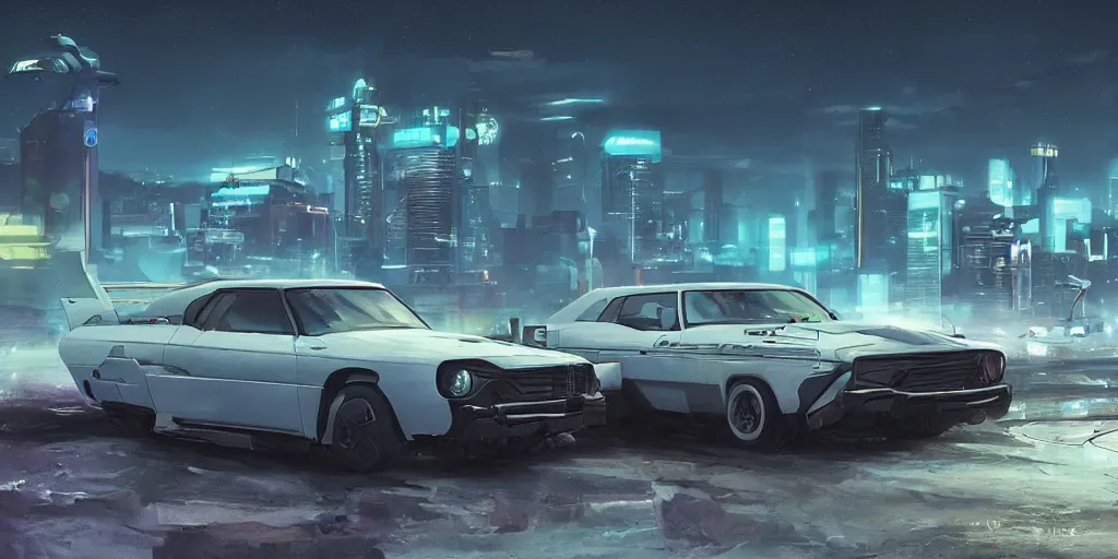 Prompt: vehicles car design, hard surface, futuristic , cyberpunk, simon stalenhag, muscle car , hover