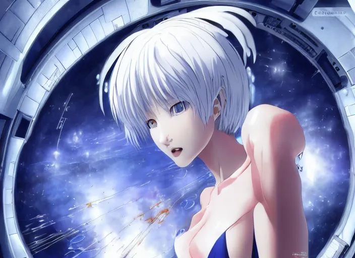 Image similar to This is a digital art piece by Yoshiyuki Sadamoto that is trending on artstation. It is a 8K UHD image of Rei Ayanami, a female anime character, inside a space station with technological rings. She is shot from the ground by Yoshiyuki Sadamoto. The environment is a concept design and the art is hyper realistic with intricate details.