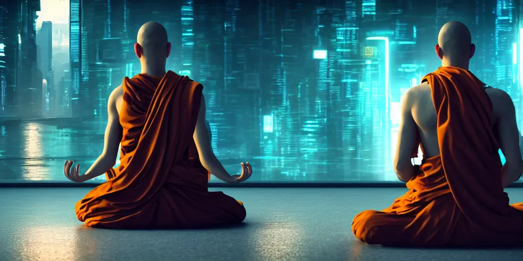 Image similar to meditating monk in cyberpunk style, ultra realistic 8 k resolution.