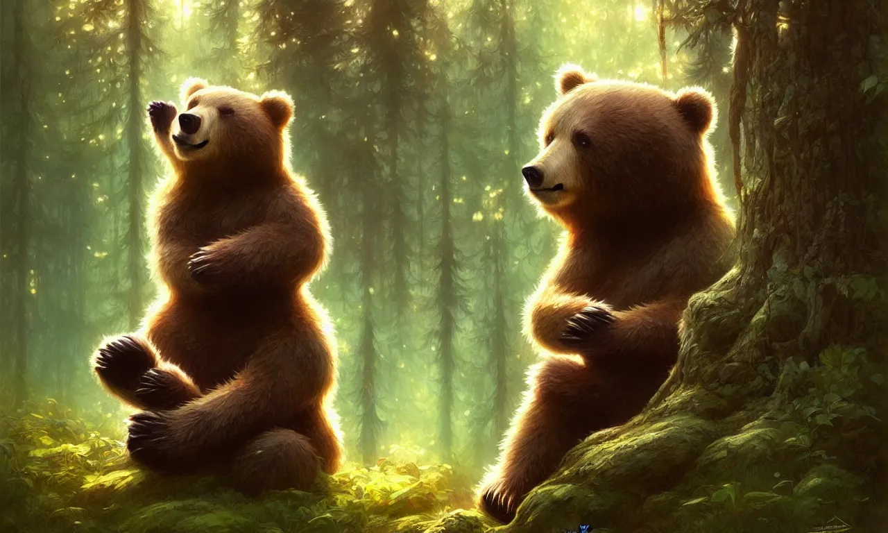 Image similar to cute cartoon bear in forest, sharp focus, illustration, highly detailed, digital painting, concept art, matte, art by wlop and artgerm and greg rutkowski and alphonse mucha, masterpiece