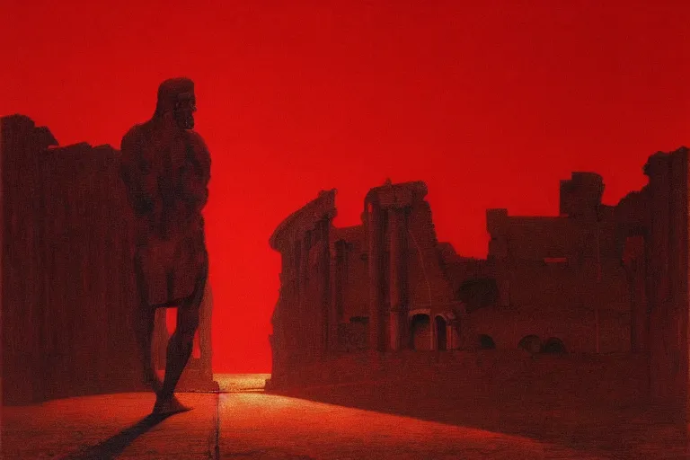 Image similar to only with red, caesar after war, a red tiger, in hoc signo vinces, rome in background, an ancient path, in the style of beksinski, part by hopper, part by rodcenko, part by hofbauer, intricate composition, red by caravaggio, insanely quality, highly detailed, masterpiece, red light, artstation