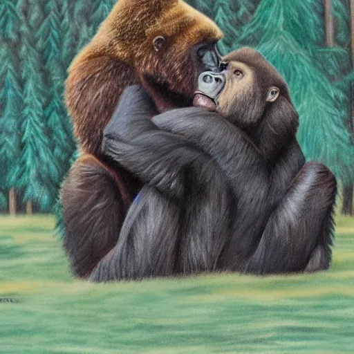 Prompt: gorilla wrestling a grizzly bear in a full nelson headlock, pencil art, sharp image, 4 k, textures, colorful, forest scenery