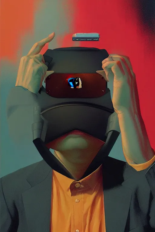 Image similar to Satoshi Nakamoto wearing oculus and bitcoin over his head Edward Hopper and James Gilleard, Zdzislaw Beksisnski, highly detailed