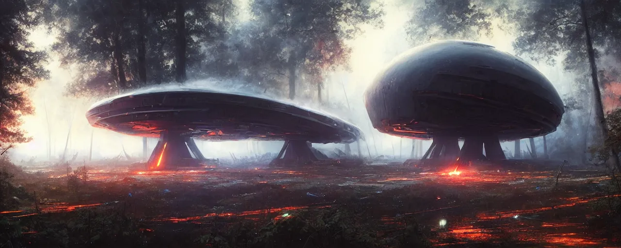 Image similar to a giant megastructure spaceship wrecked and lost in the forest, a small fire in the distance, big powerful laser light and big sound system on the left side close to the camera, detailed digital art by greg rutkowski.
