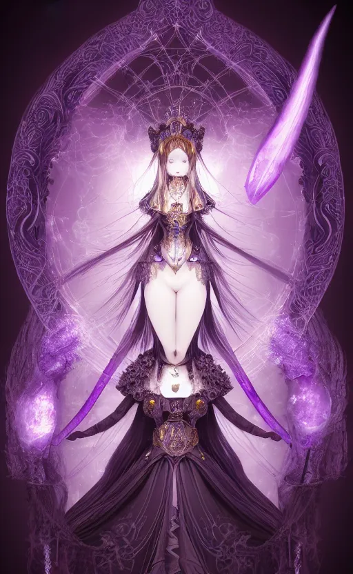 Prompt: alchemy imperial princess knight gothic girl. intricate, centered, amazing composition by amano yoshitaka, by rembrandt, illustrious makinami, digital art, digital painting, artstation trending, unreal engine, fractal flame, transparent jellyfish, transparent feathers, bio luminescent, amethyst