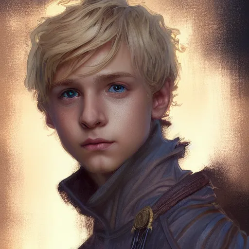 Prompt: an epic fantasy comic book style portrait painting of a young blonde boy wearing plain thief clothes, confident, d & d, fantasy, intricate, elegant, highly detailed, digital painting, artstation, concept art, matte, sharp focus, illustration, art by artgerm and greg rutkowski and alphonse mucha