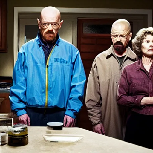 Image similar to a film still of walter white standing with his parents breaking bad, walter white's mother and father next to him in breaking bad, realistic, hyperrealistic, ultra realistic, real, real world, highly detailed, very detailed, extremely detailed, intricate details, 8 k resolution, hd quality, film still