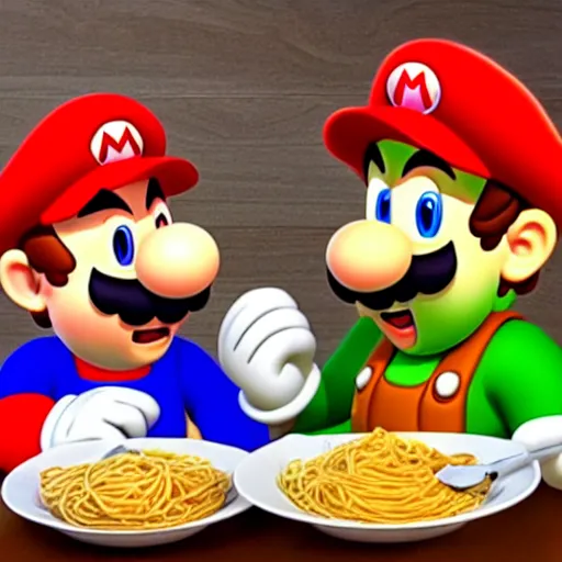 Prompt: photo of mario and luigi eating spaghetti at an italian restaurant