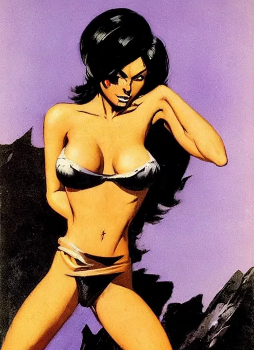 Prompt: pulp adventure heroin, black hair, strong line, vibrant color, beautiful! coherent! by frank frazetta, high contrast, minimalism