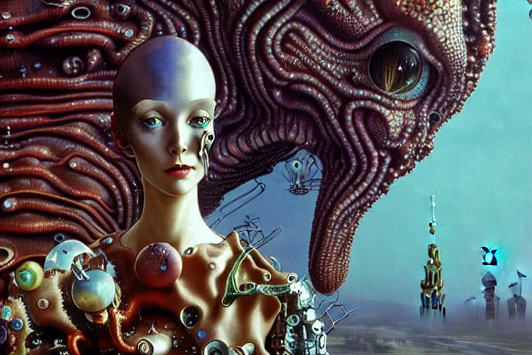 Prompt: extremely detailed movie shot closeup portrait of a beautiful alien girl wearing leather coat, saint petersburg city background by denis villenueve, yves tanguy, ernst haeckel, roger dean, amano, alphonse mucha, dynamic composition, rich moody colours