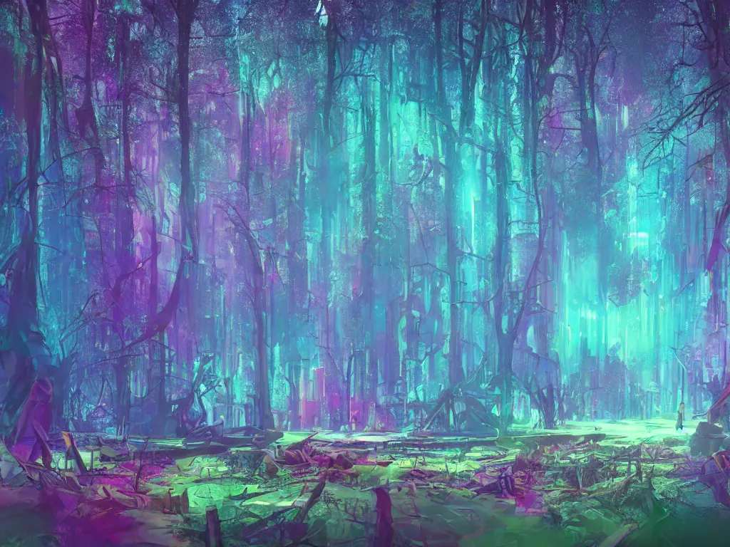 Prompt: mystical colorful cyberpunk forest with a clear blue lake in a clearing where an abstract nebula crystal sculpture is floating above it, powerful, ethereal, vaporwave