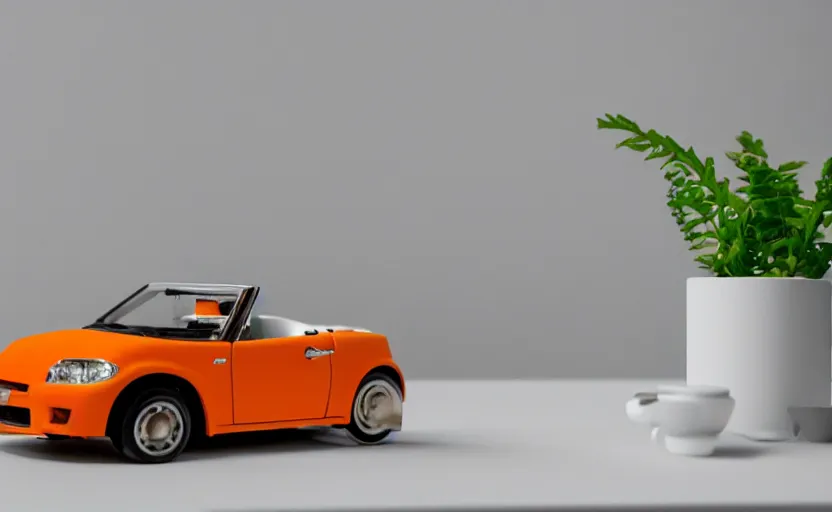 Image similar to a small miniature of a orange Toyota TE27 on a white table near a book and a vase with a plant, hyperrealistic, concept art, octane render, unreal engine 5, path tracing, complementary colors, calm, relaxing, serene, product photo, centered, symmetrical