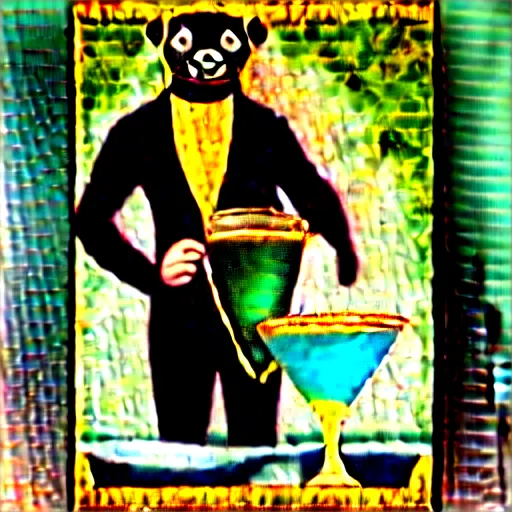 Image similar to a man holding a martini with an otter swimming in it while the otter gives a thumbs up in a 1 9 2 0 s advertisement poster