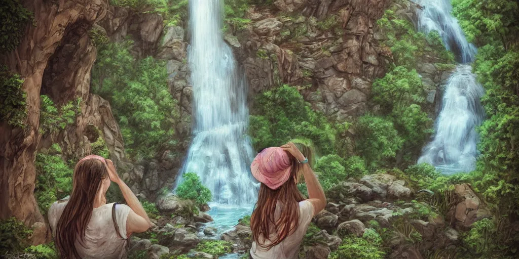 Image similar to girl looking at a waterfall, superwide angle, intricate, highly detailed, illustration, art by Leon Bosko