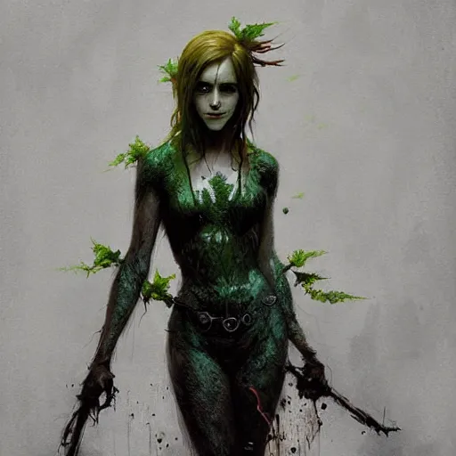 Image similar to emma watson as poison ivy. dark colors. menacing. haunting. frightening. trending on artstation. award winning. artgem. greg rutkowski. beksinski. extremely detailed. 4 k