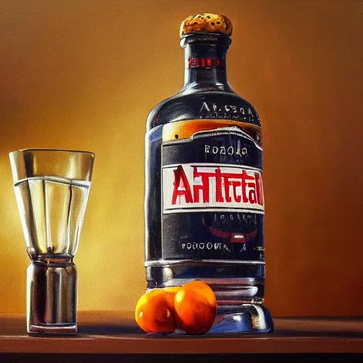 Prompt: a hyper-realistic studio still-life oil-painting of a-bottle-of-vodka; hyper-detailed; an extraordinary masterpiece!!!; flawless; trending on artstation