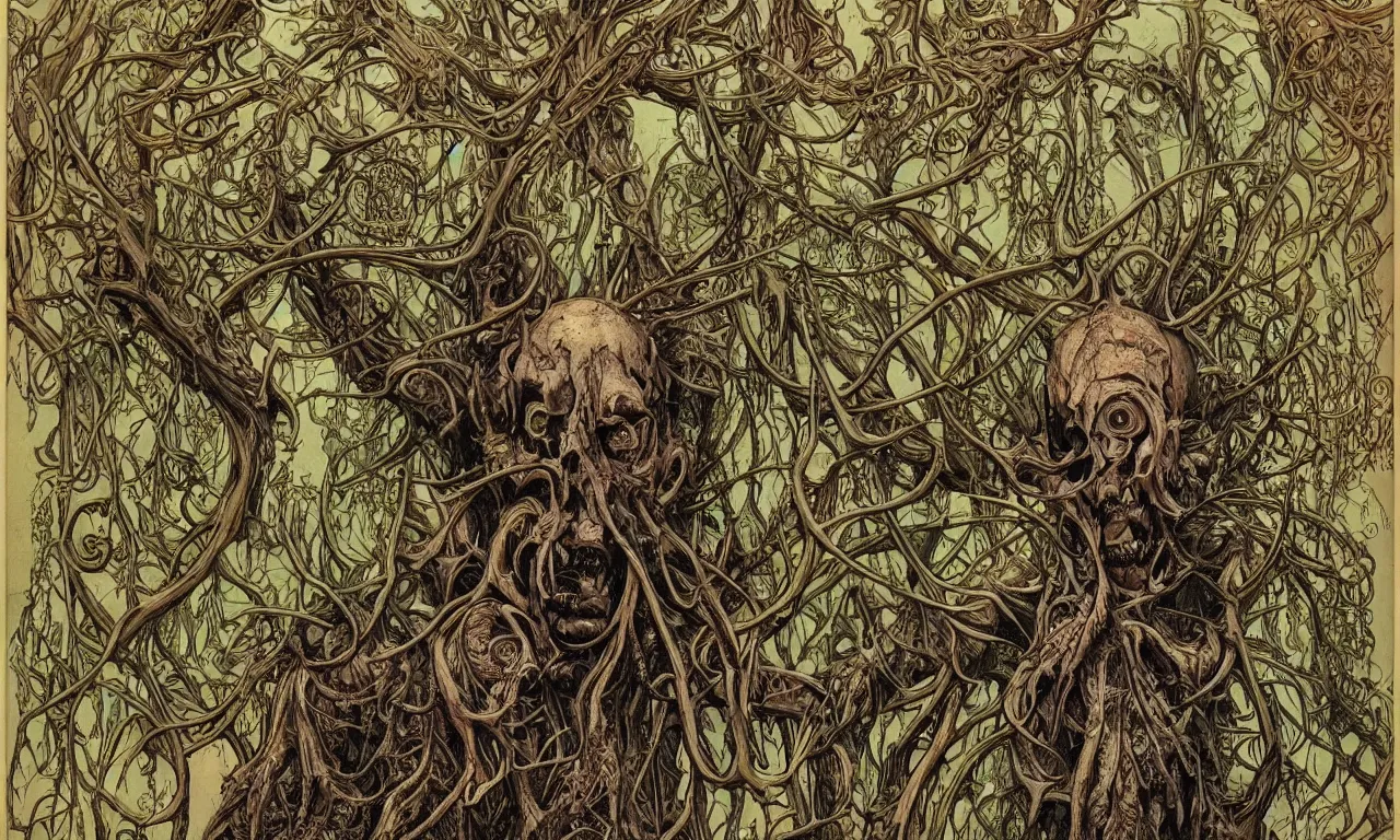 Image similar to hyperdetailed art nouveau portrait of treebeard as a cthulhu eyeball skull wendigo cryptid monster, by geof darrow, simon bisley and bill sienkiewicz, grim yet sparkling atmosphere, photorealism, claws, skeleton, antlers, fangs, forest, wild, crazy, horror, lynn varley, lovern kindzierski, steve oliff