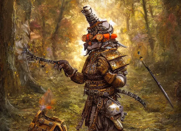 Image similar to ashigaru steampunk - inspired feathered mic, colorful plumage, lacquered armor, cute but determined, hard focus, art station, by jessica rossier and brian froud, cinematic fantasy painting, orange grey white, in a woodland glade